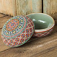 Celadon ceramic Jewellery box, 'Thai Enchantment' - Colorful Artisan Hand-Painted Round Celadon Jewellery Box