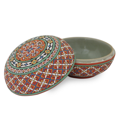 Celadon ceramic jewelry box, 'Thai Enchantment' - Colorful Artisan Hand-Painted Round Celadon Jewelry Box