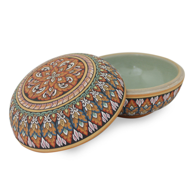 Celadon ceramic jewelry box, 'Thai Temptation' - Fair Trade Thai Painted Celadon Ceramic Round Jewelry Box