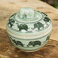 Celadon ceramic box, Elephants on Parade
