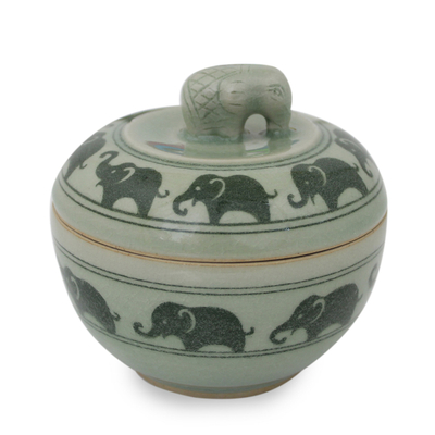 Green Celadon Ceramic Jewelry Box with Elephant Motif