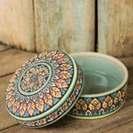 Celadon ceramic jewelry box, 'Thai Royale' - Intricately Painted Round Ceramic Jewelry Box with Lid