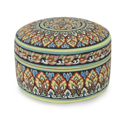 Celadon ceramic jewelry box, 'Thai Royale' - Intricately Painted Round Ceramic Jewelry Box with Lid