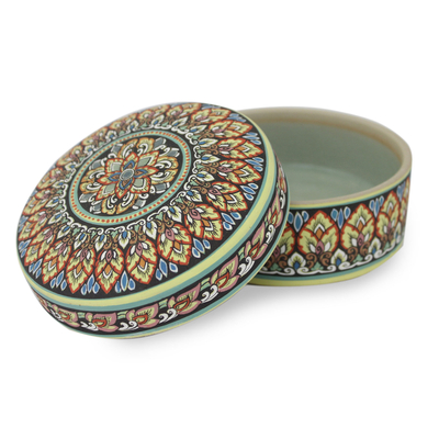 Celadon ceramic jewelry box, 'Thai Royale' - Intricately Painted Round Ceramic Jewelry Box with Lid