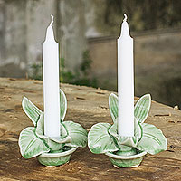 Celadon ceramic candleholders, 'Thai Jade Orchids' (pair) - Green Celadon Ceramic Orchid Shaped Candle Holders (Pair)