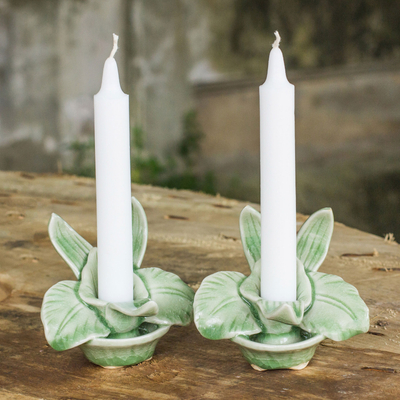 Celadon ceramic candleholders, Thai Jade Orchids (pair)
