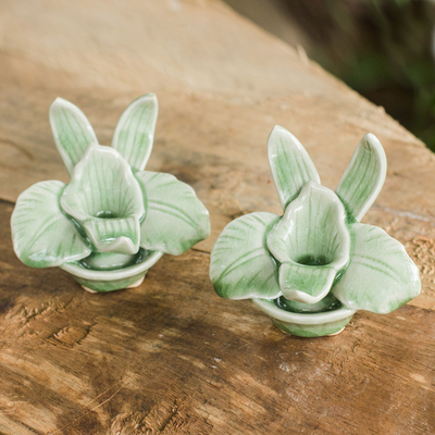 Celadon ceramic candleholders, 'Thai Jade Orchids' (pair) - Green Celadon Ceramic Orchid Shaped Candle Holders (Pair)