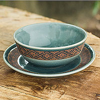 Celadon ceramic bowl and plate set, 'Thai Weave Inspiration' - Ceramic Bowl and Plate Set with Blue Glaze from Thailand