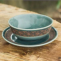 Celadon ceramic bowl and plate set, 'Thai Weave Inspiration'