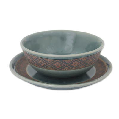 Schüssel- und Tellerset aus Celadon-Keramik - Keramikschüssel- und Tellerset mit blauem Glasur aus Thailand