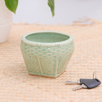 Celadon ceramic vase, 'Basket' (small) - Light Green Celadon Ceramic Vase with Basket Shape (Small)