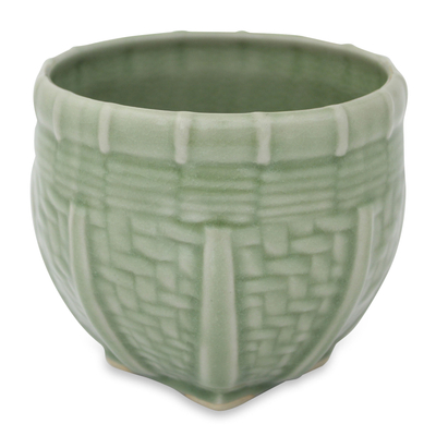 Jarrón de cerámica celadón, (mediano) - Jarrón de cerámica verde hecho a mano con motivo de cesta (mediano)