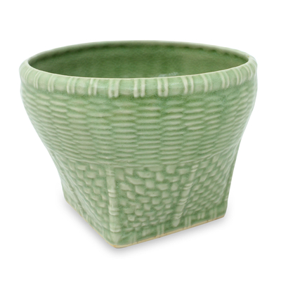 Celadon ceramic vase, 'Basket' (large) - Woven Look Ceramic Vase in Green Celadon Glaze (Large)