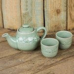 Celadon ceramic tea set, 'Elephant Family' (set for 2) - Light Green Ceramic Tea Set with Elephants (Set for 2)
