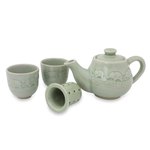 Celadon ceramic tea set, 'Elephant Family' (set for 2) - Light Green Ceramic Tea Set with Elephants (Set for 2)