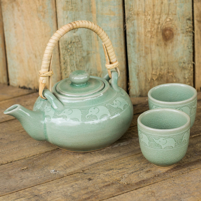 Juego de té de cerámica Celadon, (juego para 2) - Juego de té hecho a mano en cerámica verde celadón (juego para 2)