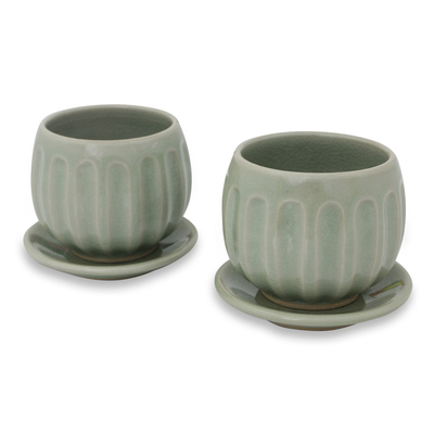 Celadon ceramic teacups and saucers, 'Thai Jade' (pair) - Fair Trade Thai Celadon Ceramic Teacups and Saucers (pair)