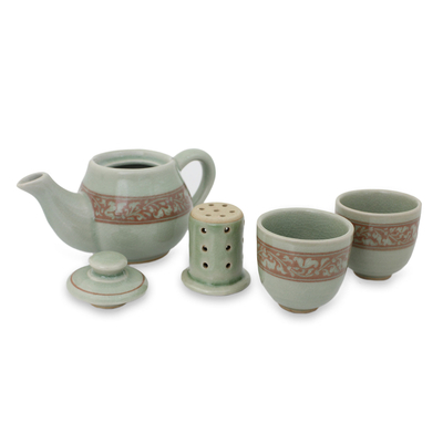 Celadon ceramic tea set, 'Lanna Enchanted' (set for 2) - Artisan Crafted Green and Brown Celadon Tea Set (Set for 2)