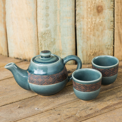 Celadon-Keramik-Teeservice, (Set für 2) - Blaues Celadon-Teeset, handgefertigt in Thailand (Set für 2)