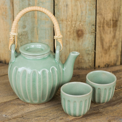Juego de té de cerámica Celadon, (juego para 2) - Juego de té tailandés de cerámica hecho a mano en verde celadón (juego para 2)