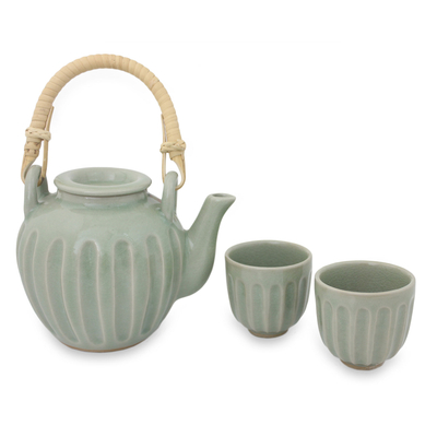 Juego de té de cerámica Celadon, (juego para 2) - Juego de té tailandés de cerámica hecho a mano en verde celadón (juego para 2)