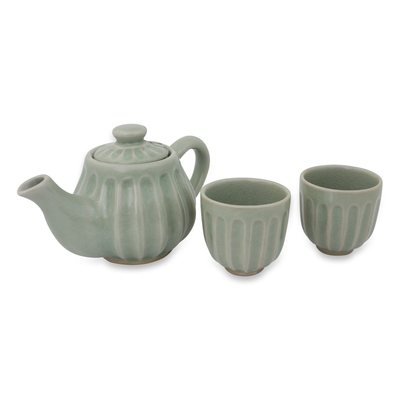 Celadon ceramic tea set, 'Thai Mint' (set for 2) - Ridged Green Ceramic Teapot and Teacup Set (Set for 2)