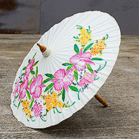 Cotton and bamboo parasol, 'Pink Cattleya' - Hand Painted White Floral Cotton and Bamboo Parasol