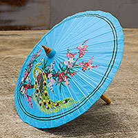 Cotton and bamboo parasol, 'Prince Peacock' - Fair Trade Blue Asian Parasol in Handpainted Cotton Fabric