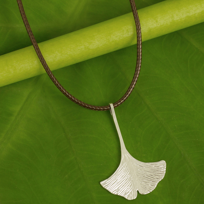 Sterling silver pendant necklace, 'The Gingko' - Handmade Brushed Silver Gingko Leaf Pendant Necklace