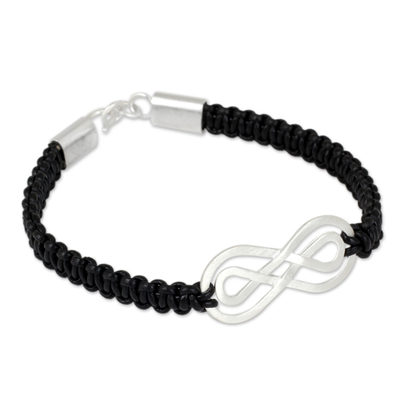 Sterling silver pendant bracelet, 'Double Infinity' - Black Leather Macrame Bracelet with Silver Infinity Pendant