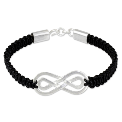 Sterling silver pendant bracelet, 'Double Infinity' - Black Leather Macrame Bracelet with Silver Infinity Pendant
