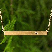 Gold vermeil garnet bar pendant necklace, 'Simple Compassion'