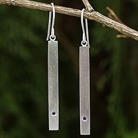 Pendientes de barra de amatista - Aretes colgantes artesanales de plata cepillada y amatista