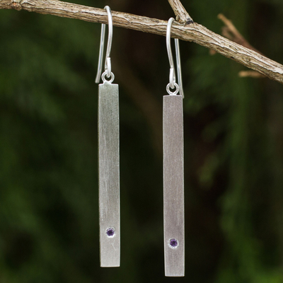 Amethyst bar earrings, 'Simple Wisdom' - Artisan Crafted Brushed Silver and Amethyst Dangle Earrings
