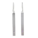Amethyst bar earrings, 'Simple Wisdom' - Artisan Crafted Brushed Silver and Amethyst Dangle Earrings