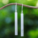 Peridot dangle bar earrings, 'Simple Energy' - Peridot and Brushed Silver Dangle Earrings from Thailand