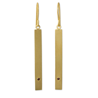 Gold vermeil garnet bar earrings, 'Simple Compassion' - Brushed Satin 24k Gold Plated Silver Earrings with Garnets