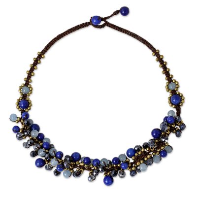 Blue Quartz and Brass Clusters on Hand Knotted Necklace
