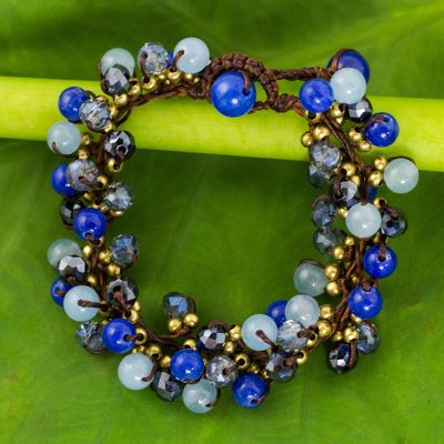 Beaded bracelet, 'Blue Cattlelaya' - Blue Quartz and Brass Clusters on Hand Knotted Bracelet