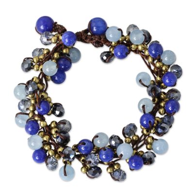 Blue Quartz and Brass Clusters on Hand Knotted Bracelet