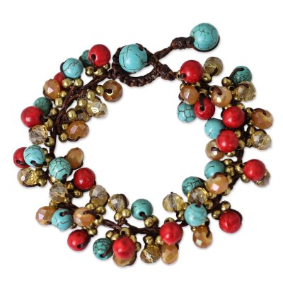 Blue and Red Gemstone Clusters on Hand Knotted Bracelet