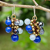 Beaded earrings, 'Blue Cattlelaya' - Blue Quartz and Brass Clusters on Hand Knotted Earrings