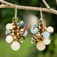 Yellow and Blue Quartz Beaded Earrings Knotted by Hand,'Azure Cattlelaya'