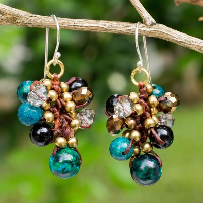 Beaded earrings, 'Verdant Cattlelaya' - Hand Knotted Beaded Earrings with Serpentine and Onyx