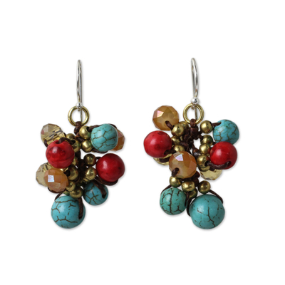 Blue and Red Gemstone Clusters on Hand Knotted Earrings