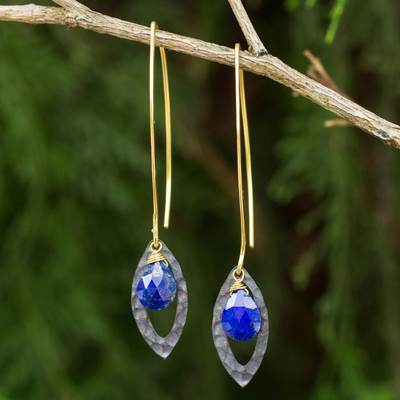 Pendientes colgantes de lapislázuli vermeil de oro, 'Sublime' - Pendientes de hoja de plata de ley y vermeil de oro lapislázuli