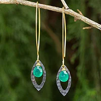 Gold vermeil dangle earrings, 'Sublime' - Gold Vermeil Sterling Silver and Green Onyx Earrings