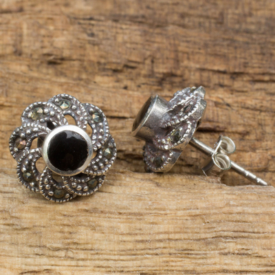 Onyx and marcasite flower earrings, 'Midnight Blooms' - Sterling Silver Vintage Earrings with Onyx and Marcasite
