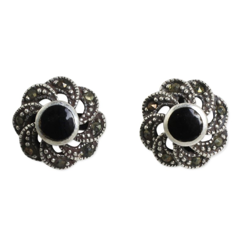 【VASEUL】Rococo Onyx Silver Earrings ピアス Sterling Silver Vintage Earrings with Onyx and Marcasite