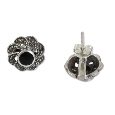 Onyx and marcasite flower earrings, 'Midnight Blooms' - Sterling Silver Vintage Earrings with Onyx and Marcasite